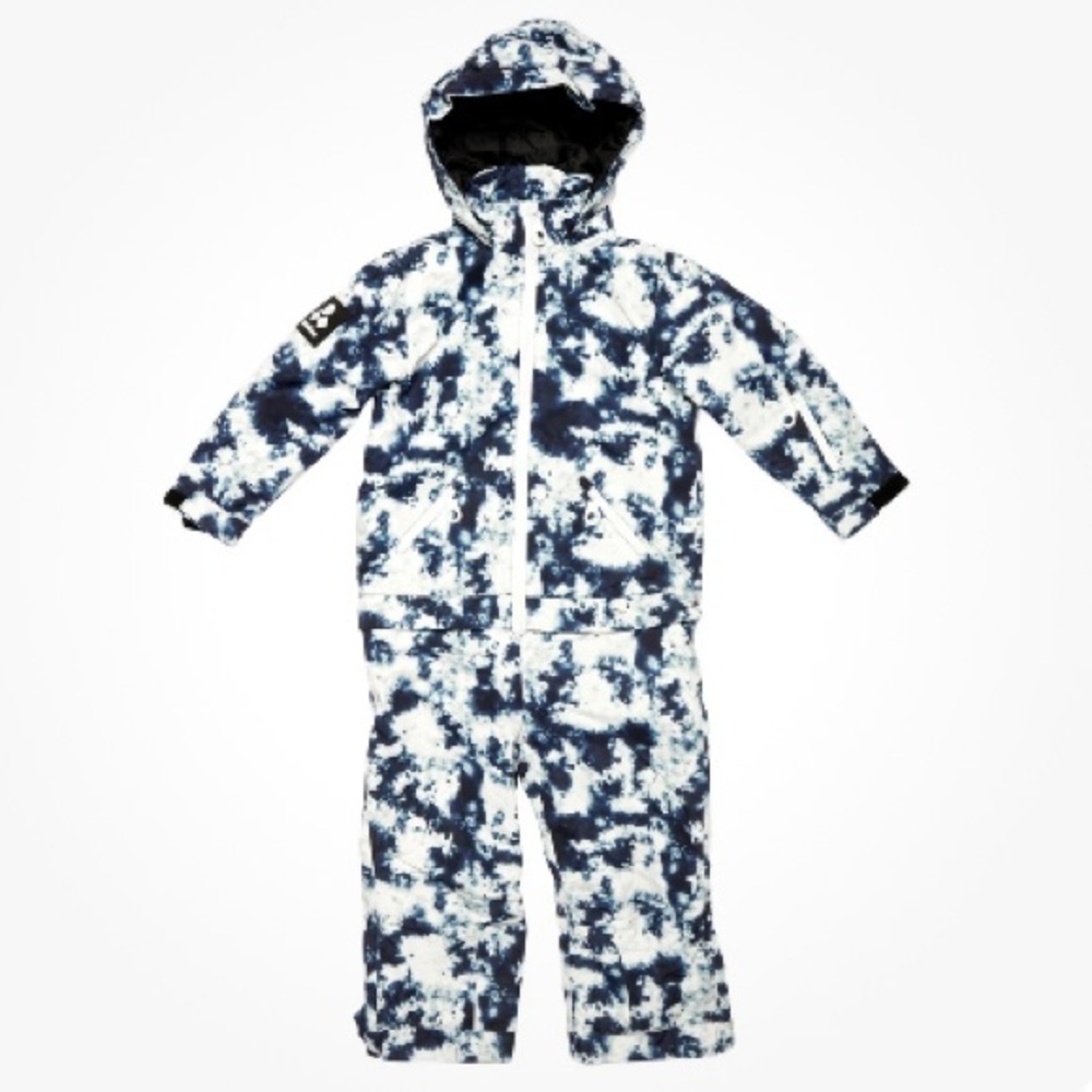 Oneskee kids snowsuit size 5-6, blue & white tie die